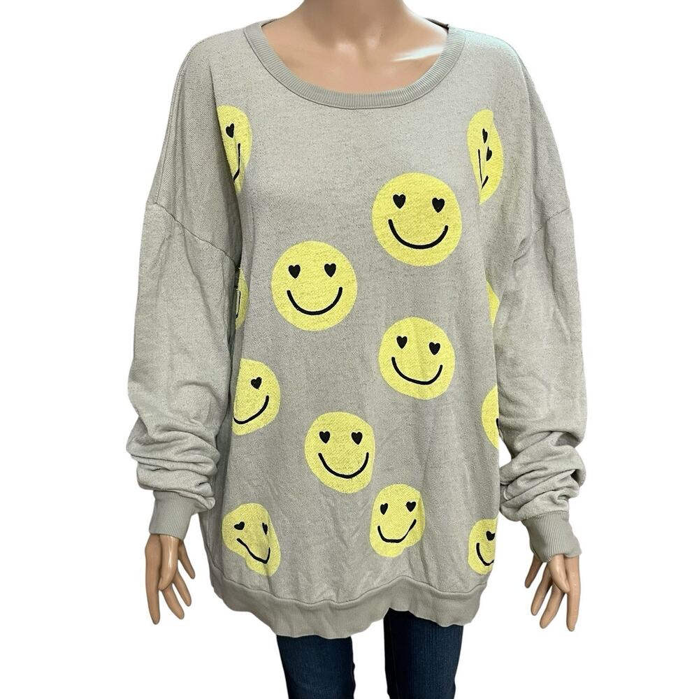Wildfox Smiley Face Tunic Sweatshirt Small Long Sleeve 2010s Gray Oversized